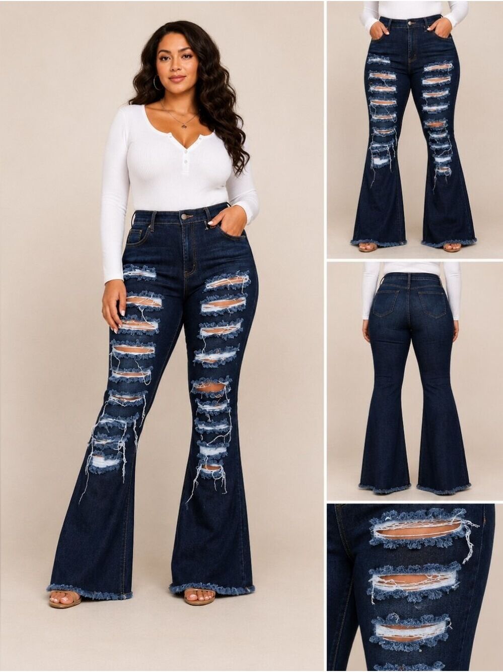 M.A.P Dark Denim Distressed Flare Jeans | Plus Size 3XL | High Rise Stretch